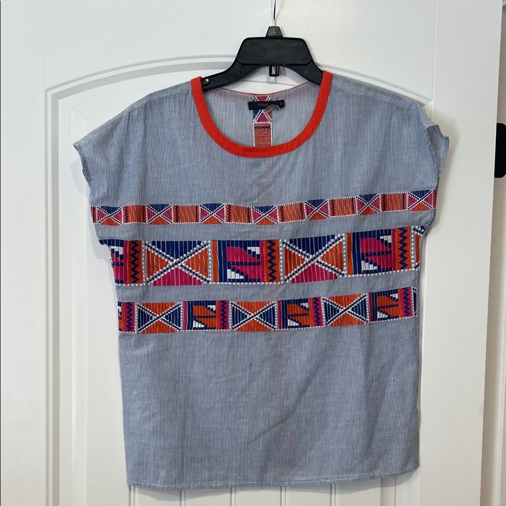 Stylish Blue and Orange Patterned Women's Blouse